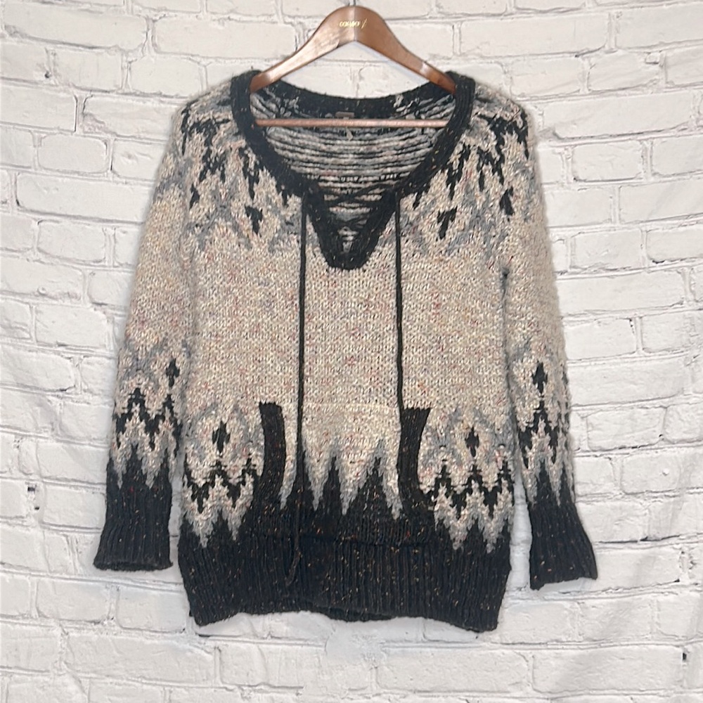 Free People Gray Black Love Bug Nordic Sweater Oversized Size X-Small